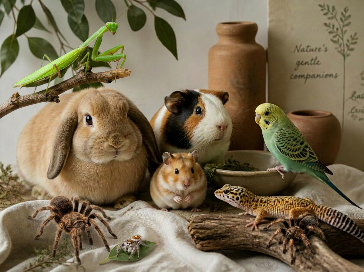 A rabbit, guinea pig, hamster, parakeet, leopard gecko, tarantula, regal jumping spider, and praying mantis gathered in soft window light